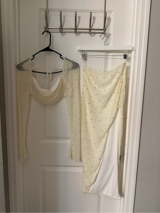 Oh Polly Dresses & Skirts - Oh Polly Embellished Cream Two-Piece Set with Draped Top